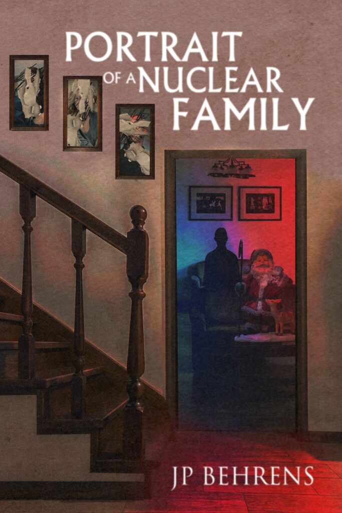 A chilling depiction of a seemingly perfect nuclear family hiding dark secrets beneath a shadowy atmosphere.