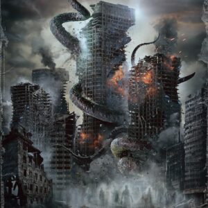 A ravaged city with tentacles twisting into the sky. Ghosts are amassed at the bottom along the street. The title We Don't Talk Anymore and Other Dark Fictions is at the top of the page. JP Behrens is listed as the author along the bottom of the page.