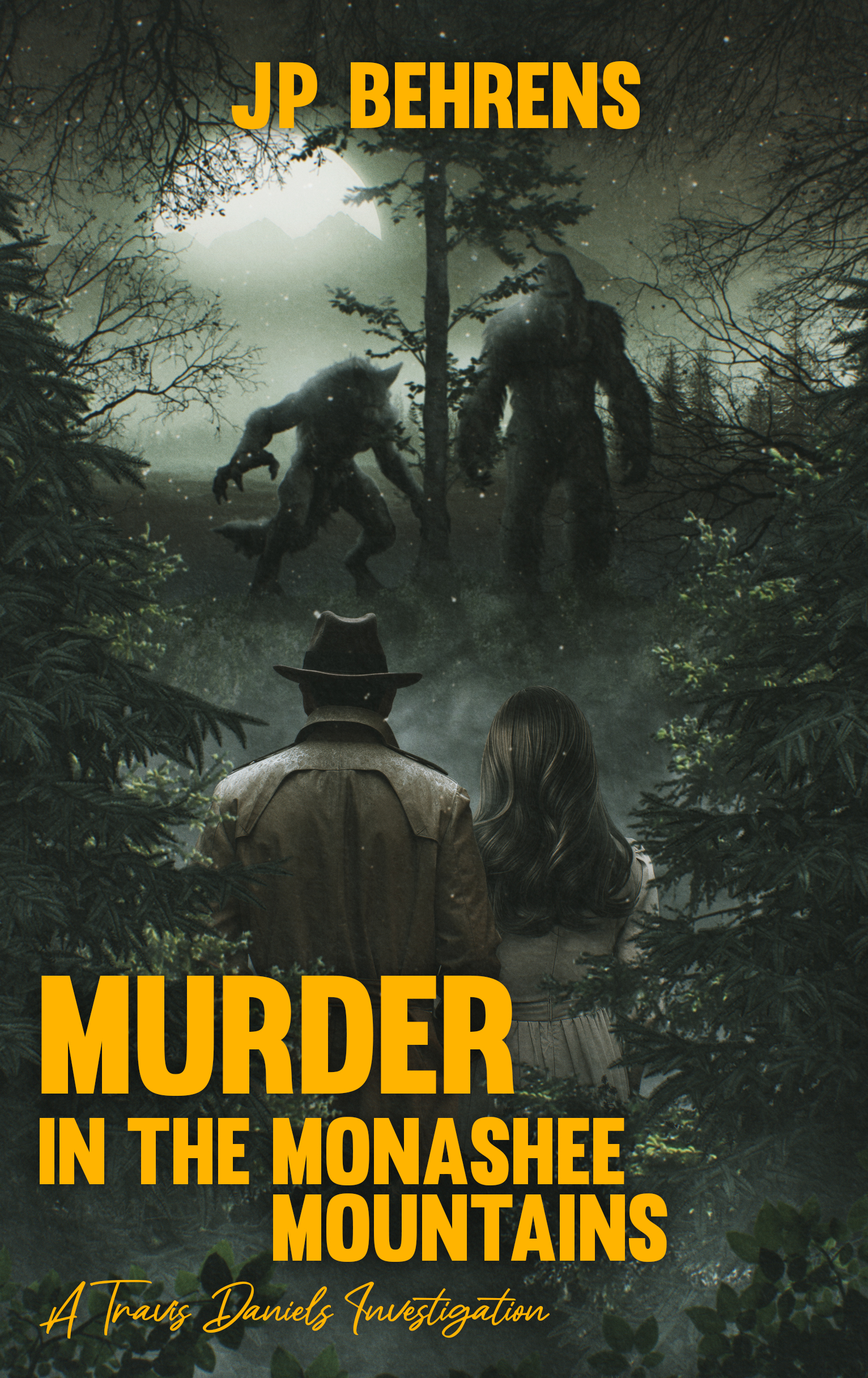 Cover of Murder in the Monashee Mountains. Dark woods featuring a werewolf and Sasquatch ready to attack.